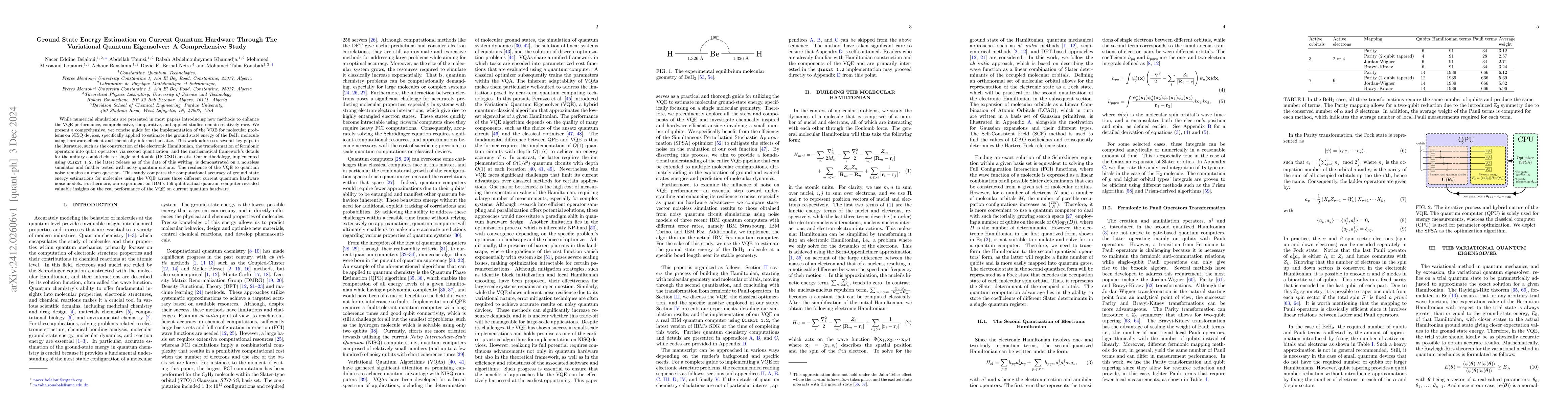 Thumbnail for Ground State Energy Estimation on Current Quantum Hardware Through The
  Variational Quantum Eigensolver: A Comprehensive Study