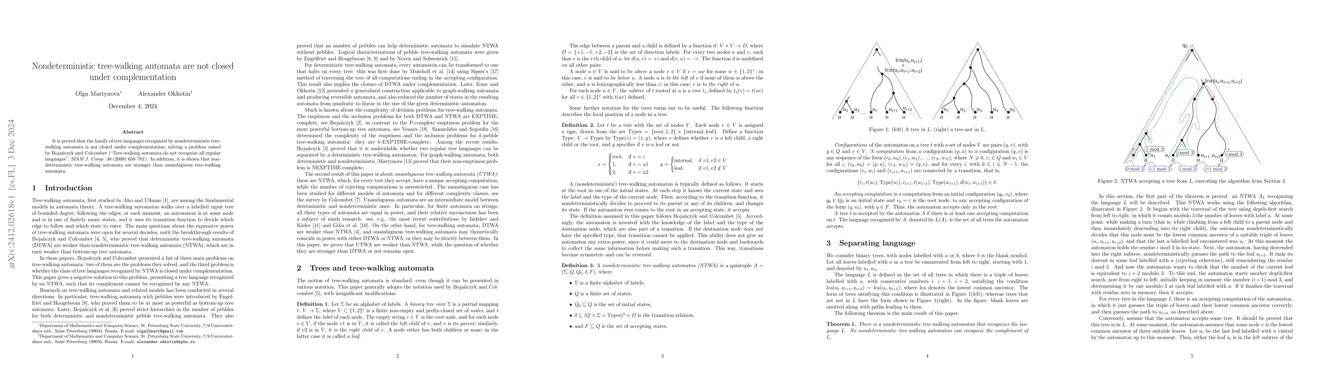 Thumbnail for Nondeterministic tree-walking automata are not closed under
  complementation