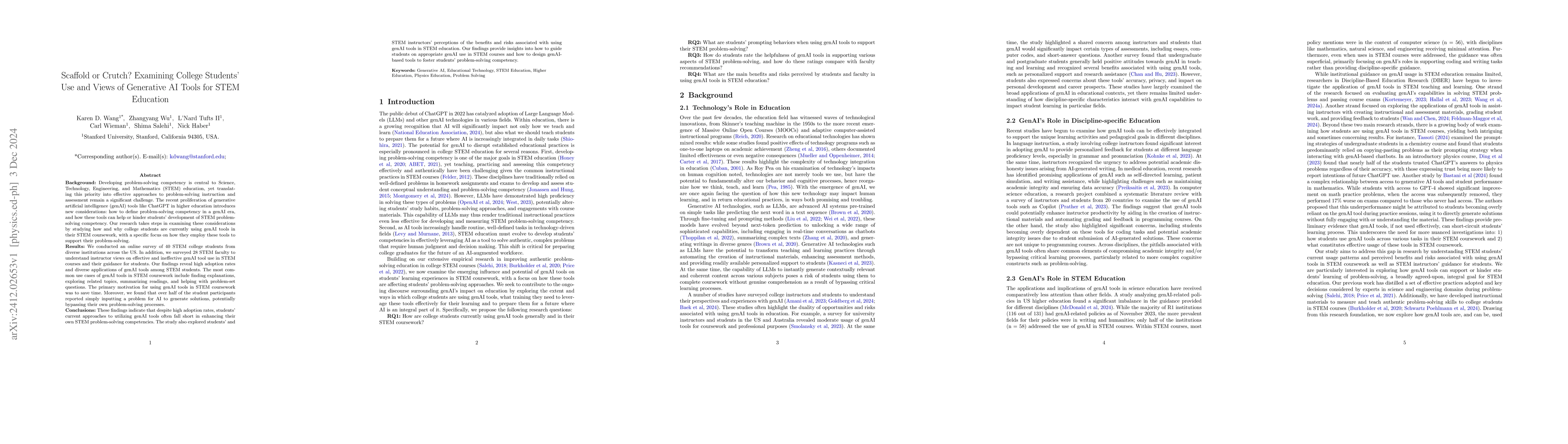 Thumbnail for Scaffold or Crutch? Examining College Students' Use and Views of
  Generative AI Tools for STEM Education