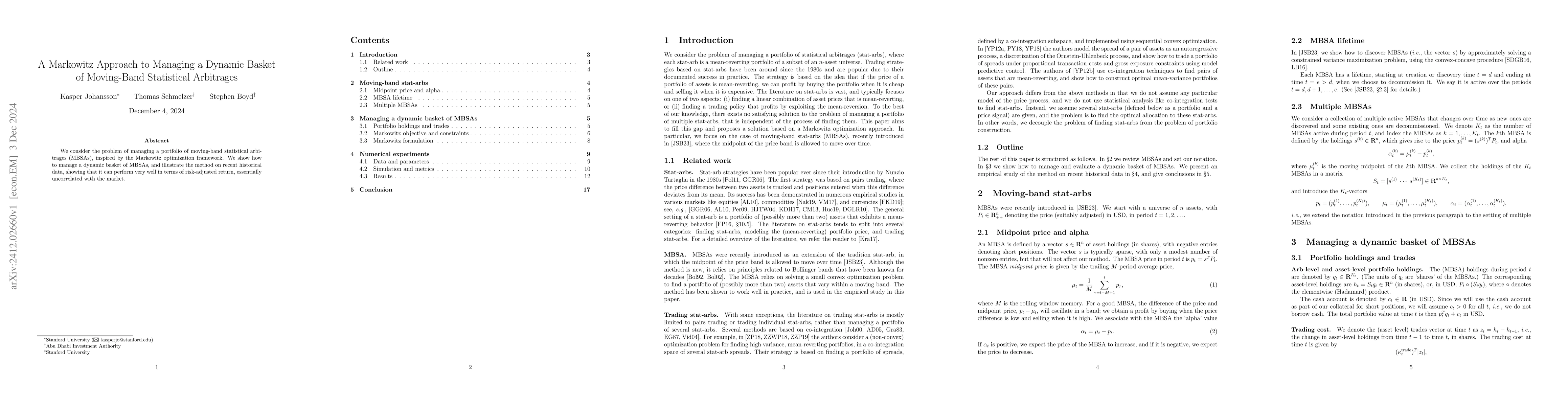 Thumbnail for A Markowitz Approach to Managing a Dynamic Basket of Moving-Band
  Statistical Arbitrages