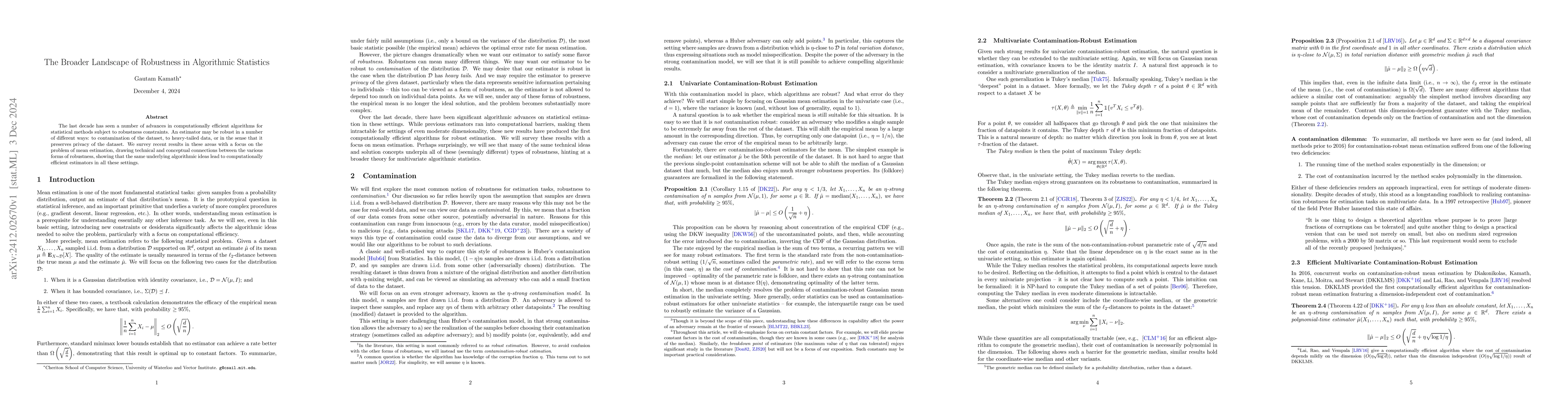 Thumbnail for The Broader Landscape of Robustness in Algorithmic Statistics