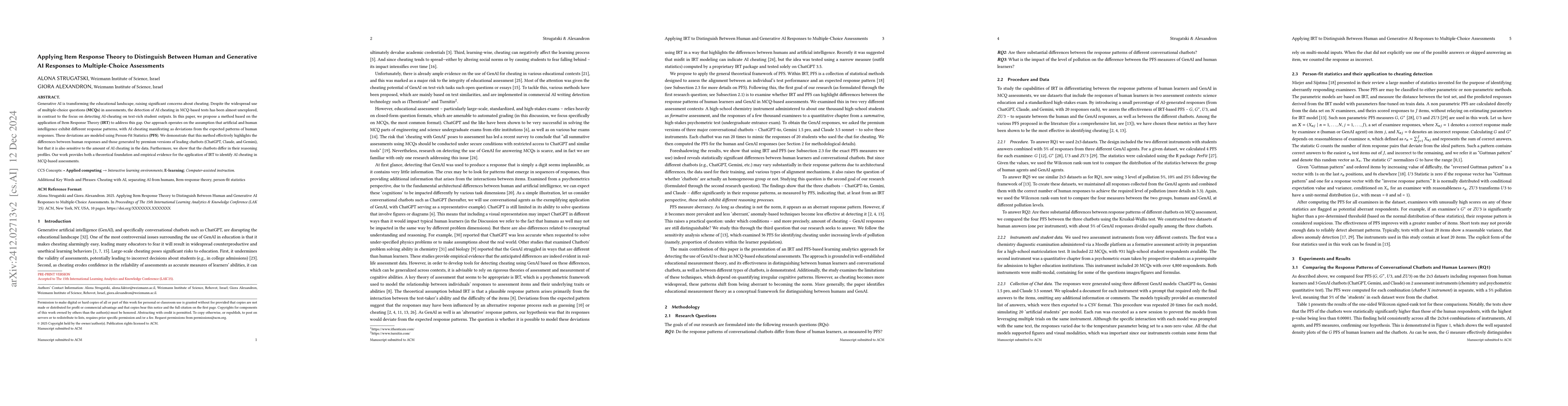 Thumbnail for Applying IRT to Distinguish Between Human and Generative AI Responses to
  Multiple-Choice Assessments