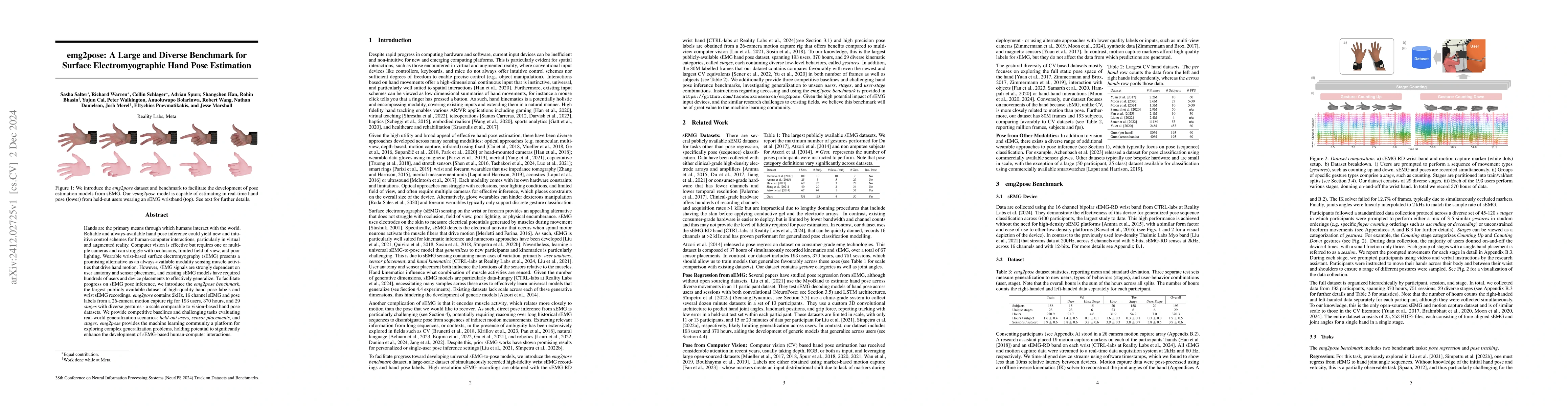 Thumbnail for emg2pose: A Large and Diverse Benchmark for Surface Electromyographic
  Hand Pose Estimation