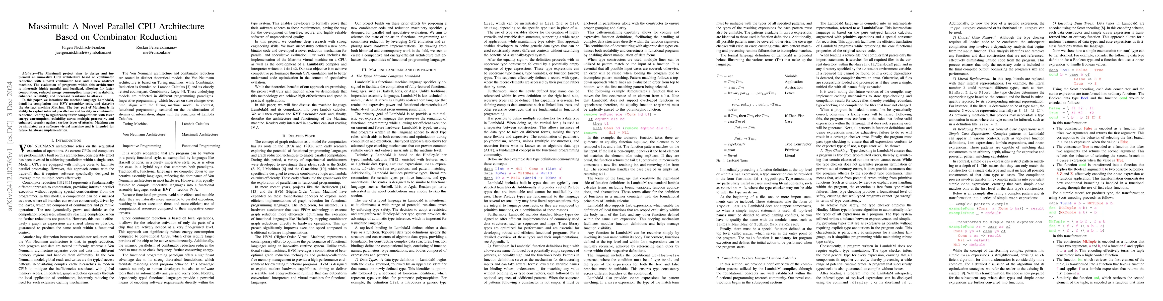 Thumbnail for Massimult: A Novel Parallel CPU Architecture Based on Combinator
  Reduction