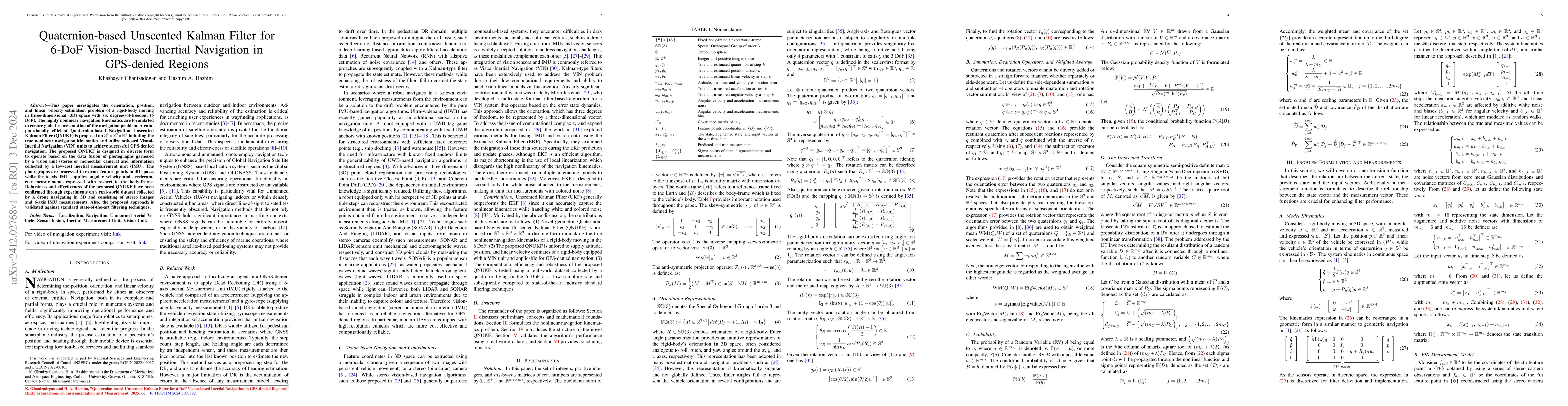 Thumbnail for Quaternion-based Unscented Kalman Filter for 6-DoF Vision-based Inertial
  Navigation in GPS-denied Regions