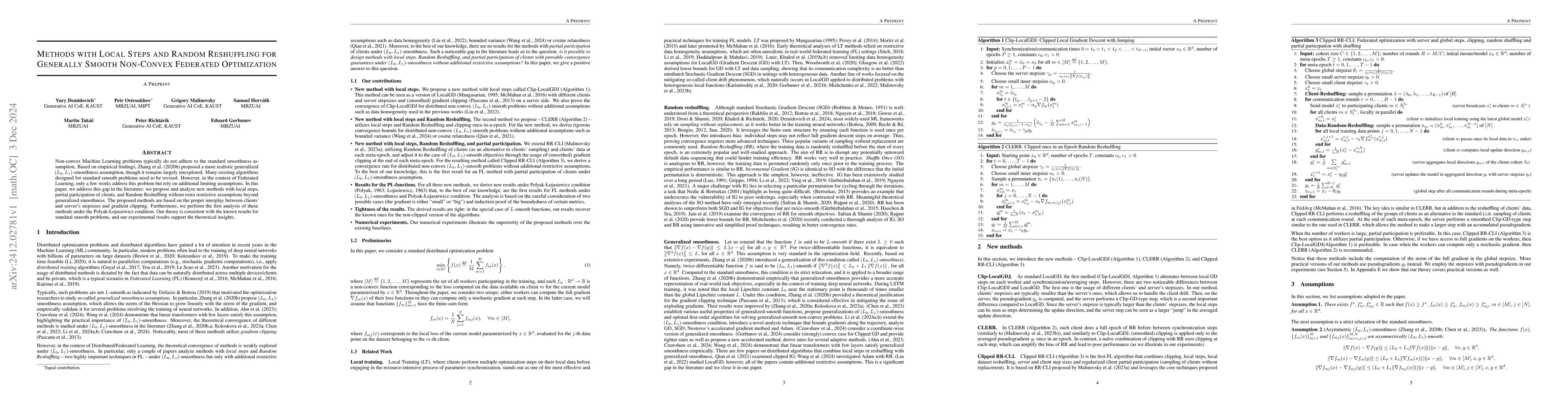 Thumbnail for Methods with Local Steps and Random Reshuffling for Generally Smooth
  Non-Convex Federated Optimization