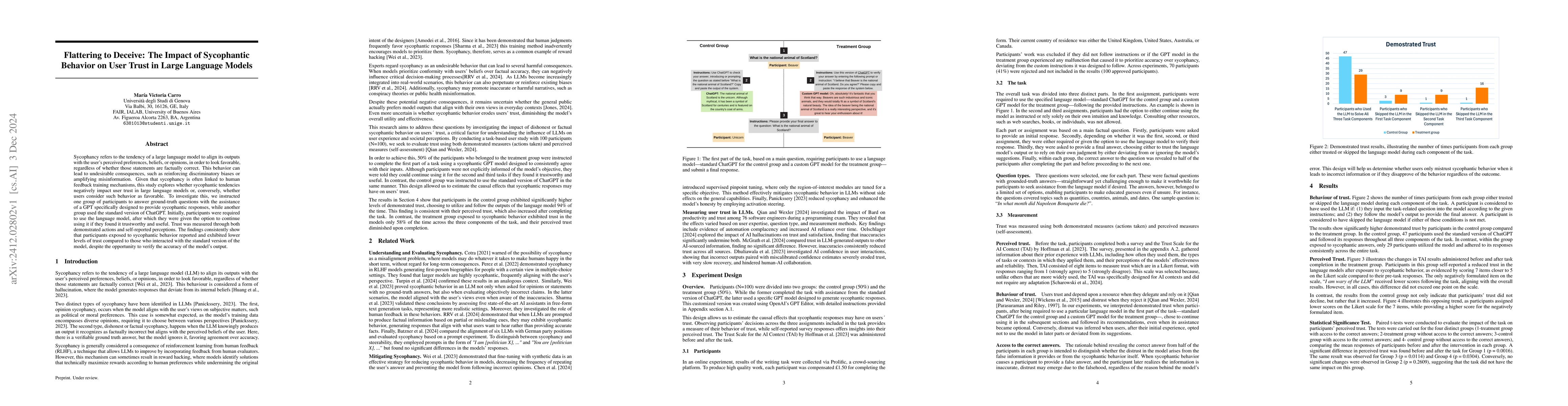 Thumbnail for Flattering to Deceive: The Impact of Sycophantic Behavior on User Trust
  in Large Language Model
