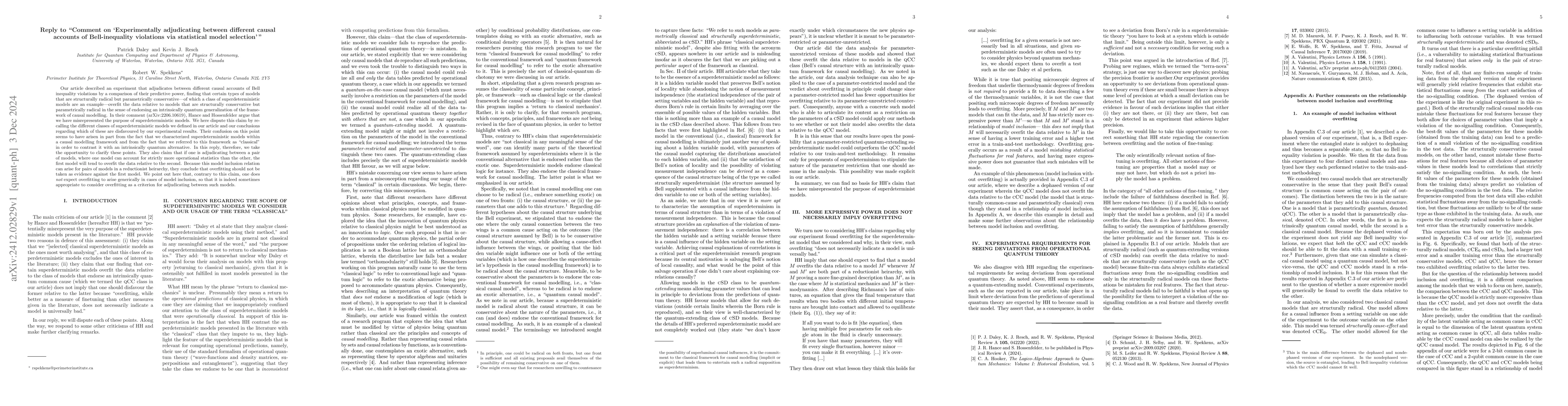 Thumbnail for Reply to "Comment on 'Experimentally adjudicating between different
  causal accounts of Bell-inequality violations via statistical model
  selection'"