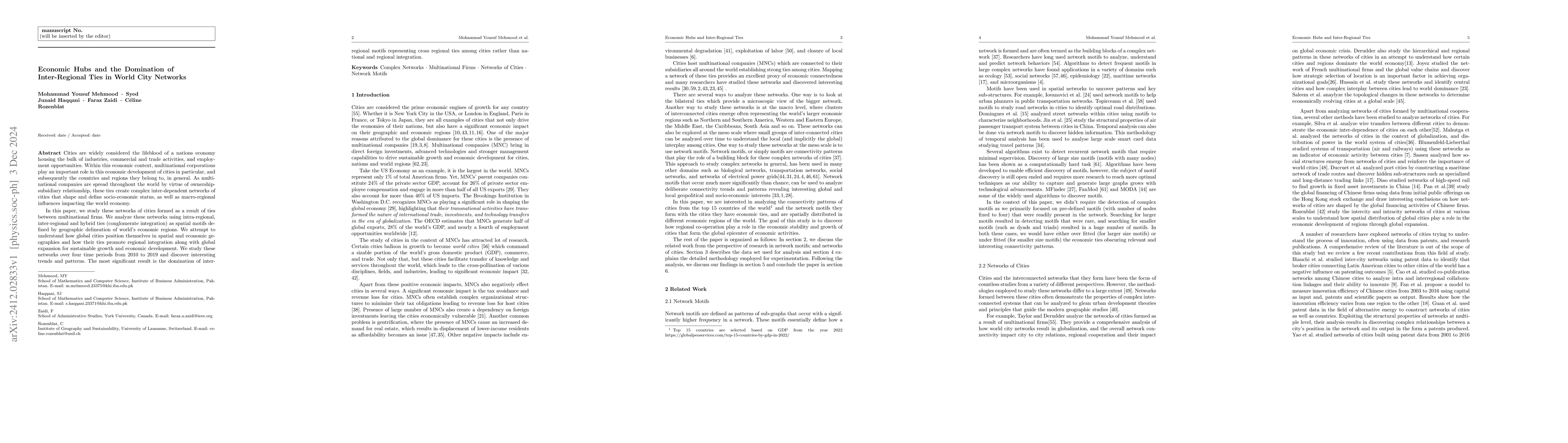 Thumbnail for Economic Hubs and the Domination of Inter-Regional Ties in World City
  Networks