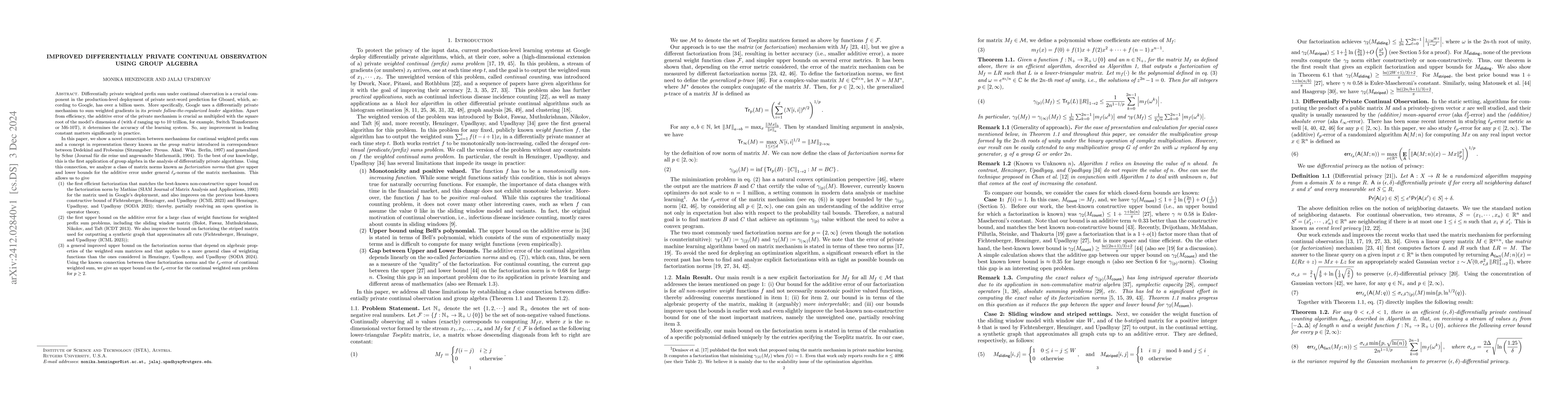 Thumbnail for Improved Differentially Private Continual Observation Using Group
  Algebra