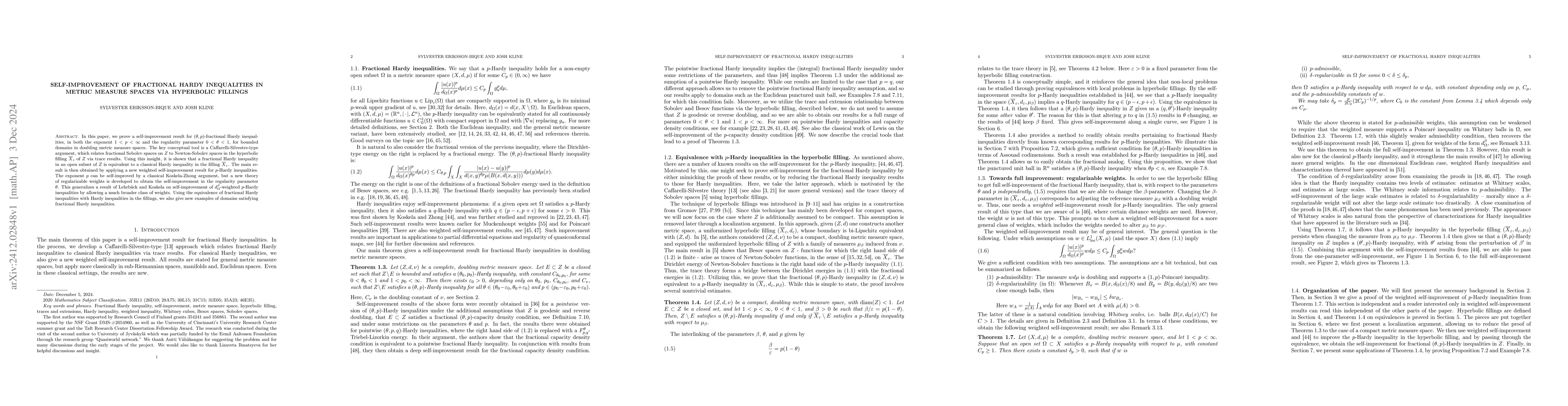 Thumbnail for Self-improvement of fractional Hardy inequalities in metric measure
  spaces via hyperbolic fillings