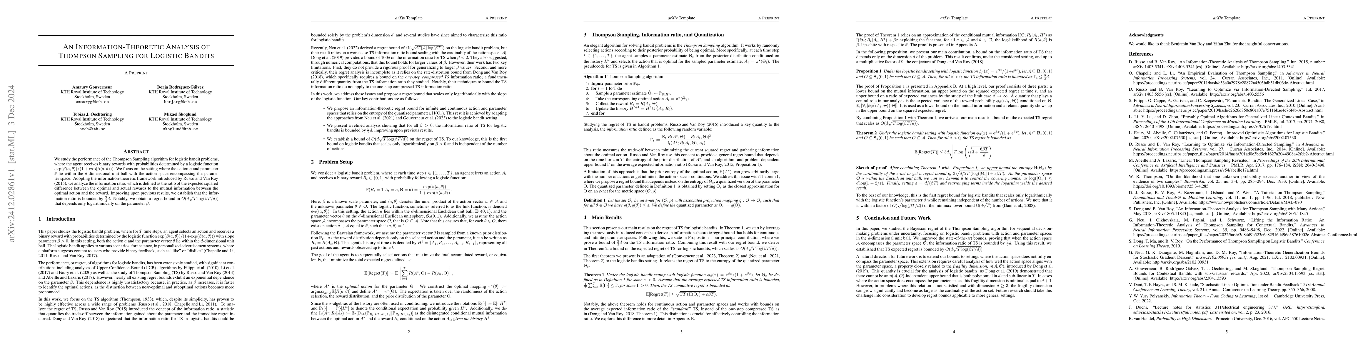 Thumbnail for An Information-Theoretic Analysis of Thompson Sampling for Logistic
  Bandits
