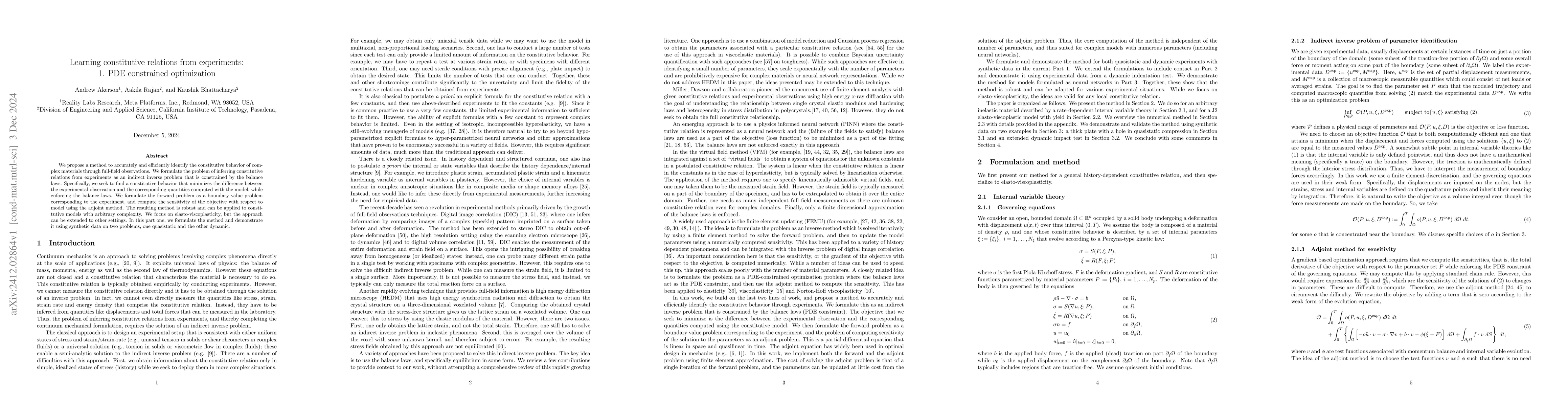 Thumbnail for Learning constitutive relations from experiments: 1. PDE constrained
  optimization