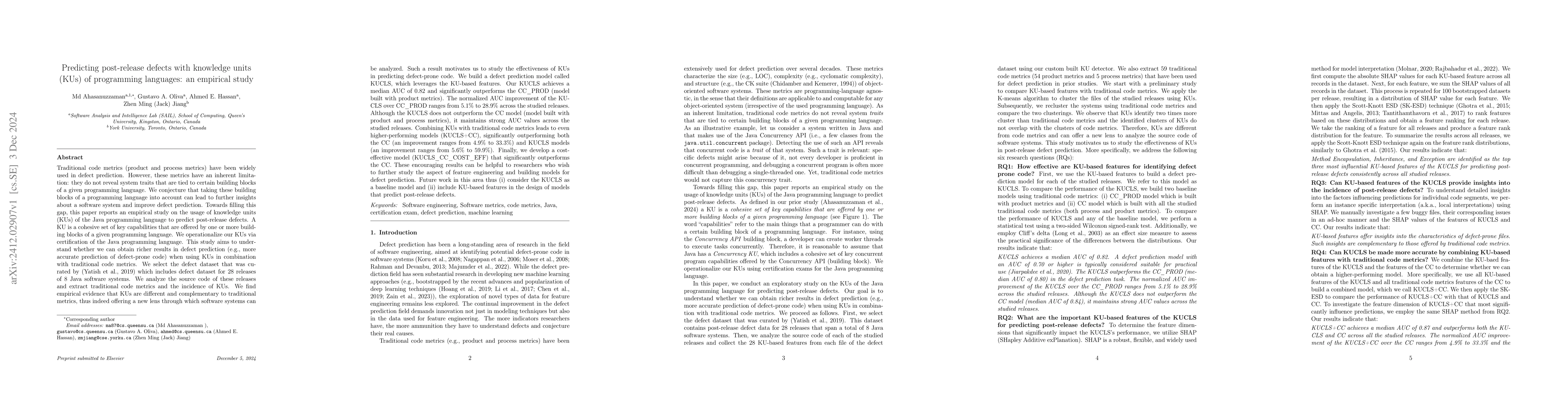 Thumbnail for Predicting post-release defects with knowledge units (KUs) of
  programming languages: an empirical study