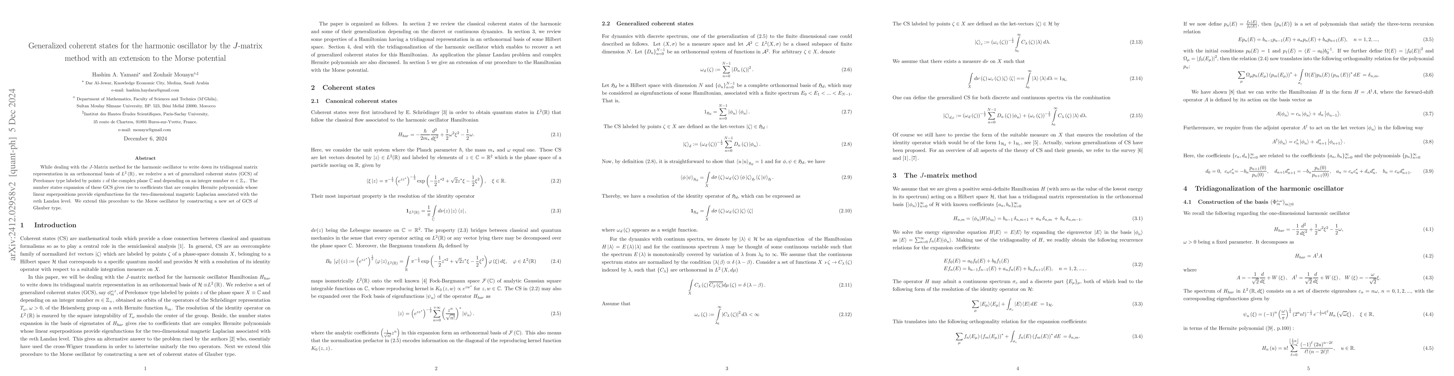 Thumbnail for Generalized coherent states for the harmonic oscillator by the J-matrix
  method with an extension to the Morse potential