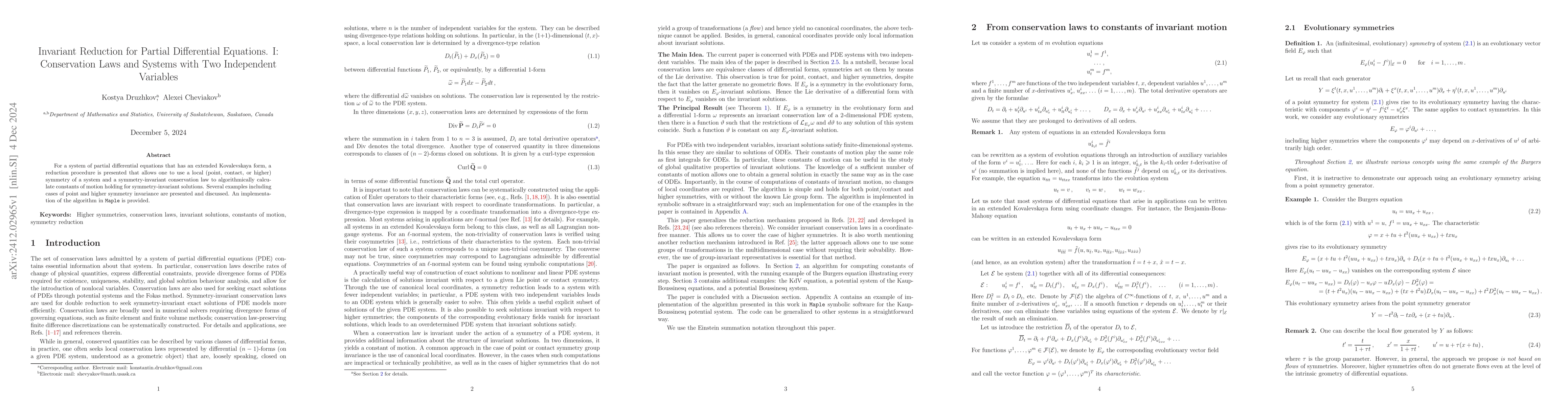 Thumbnail for Invariant Reduction for Partial Differential Equations. I: Conservation
  Laws and Systems with Two Independent Variables