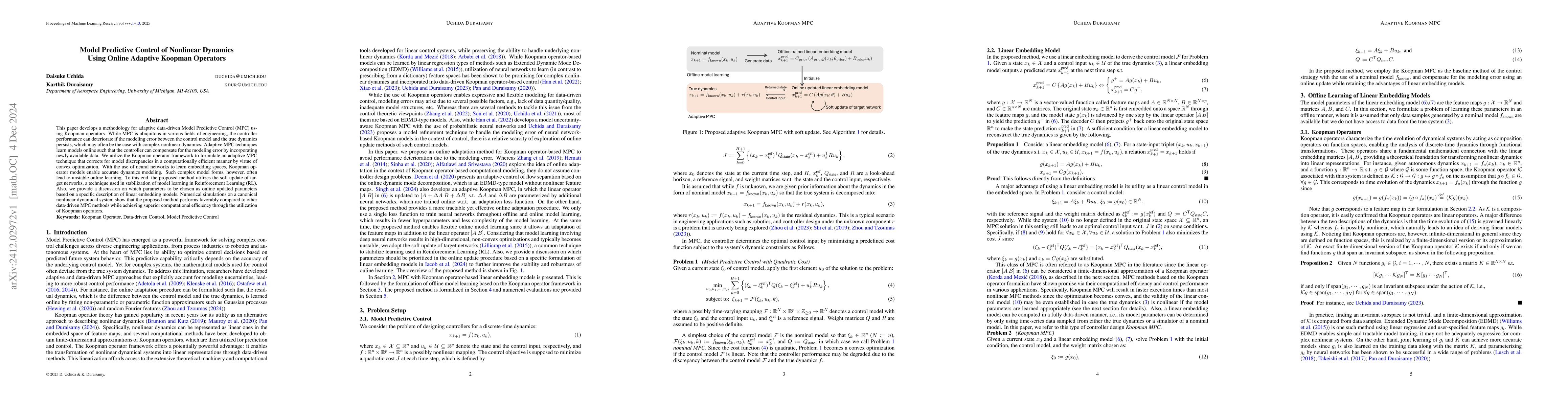 Thumbnail for Model Predictive Control of Nonlinear Dynamics Using Online Adaptive
  Koopman Operators