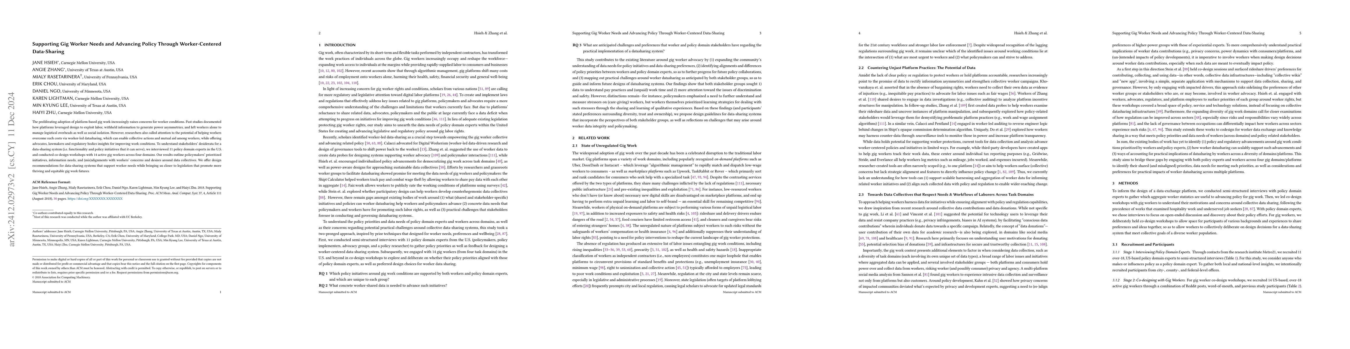 Thumbnail for Supporting Gig Worker Needs and Advancing Policy Through Worker-Centered
  Data-Sharing