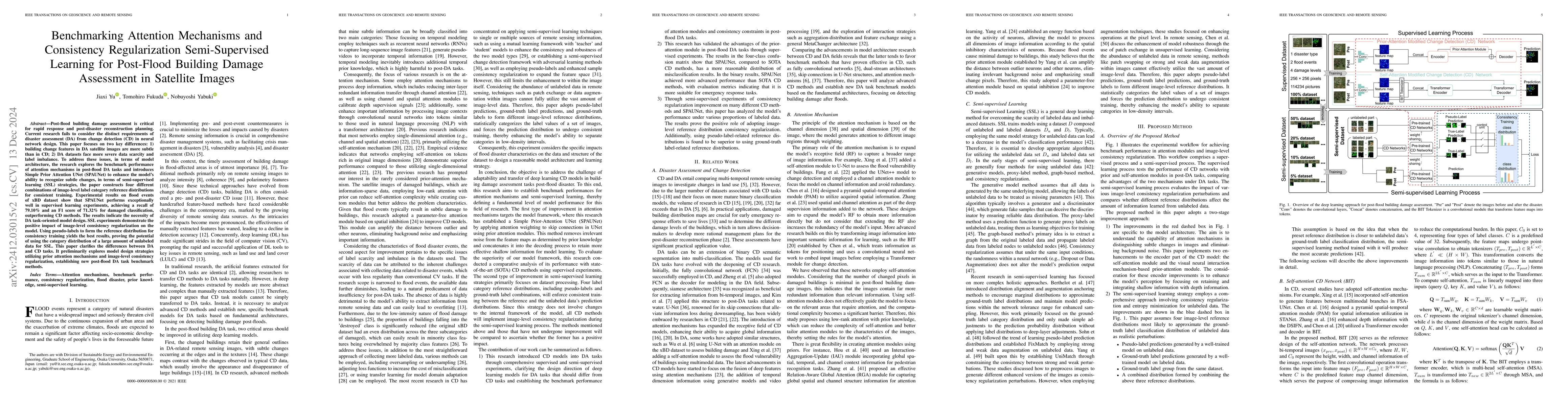 Thumbnail for Benchmarking Attention Mechanisms and Consistency Regularization
  Semi-Supervised Learning for Post-Flood Building Damage Assessment in
  Satellite Images