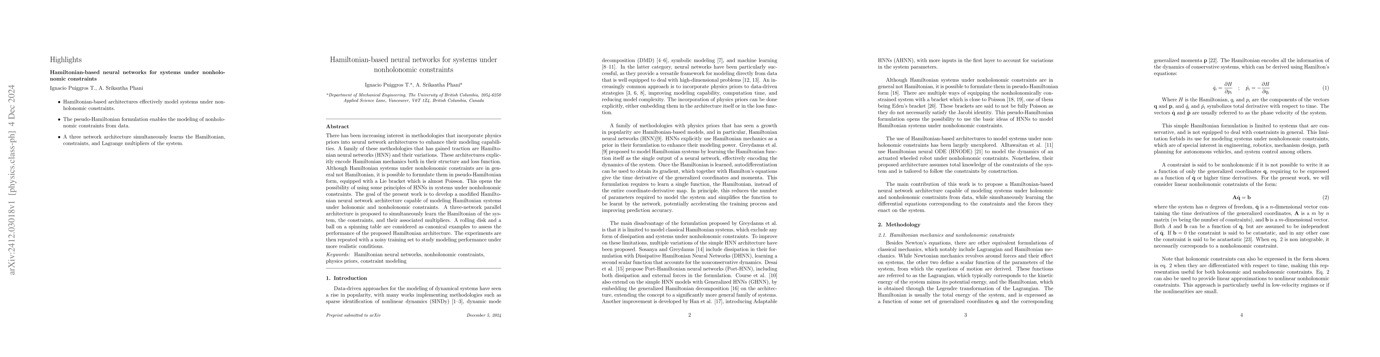 Thumbnail for Hamiltonian-based neural networks for systems under nonholonomic
  constraints