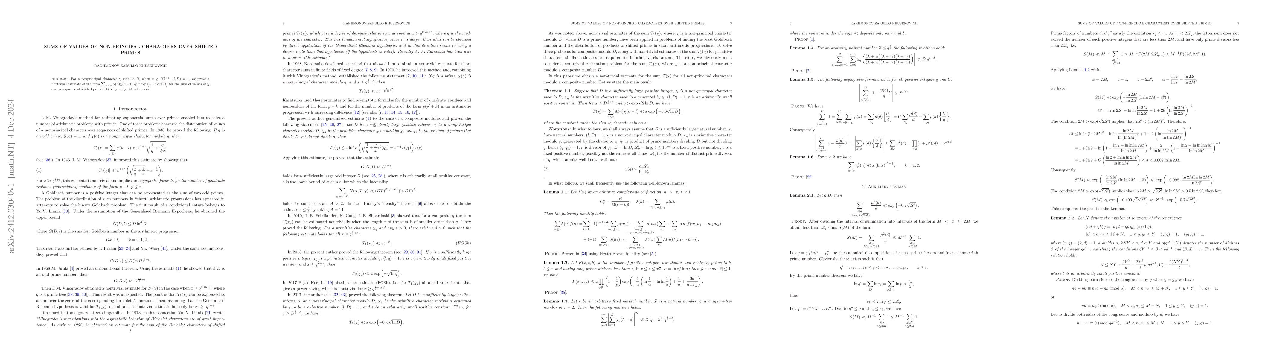 Thumbnail for Sums of values of non-principal characters over shifted primes
