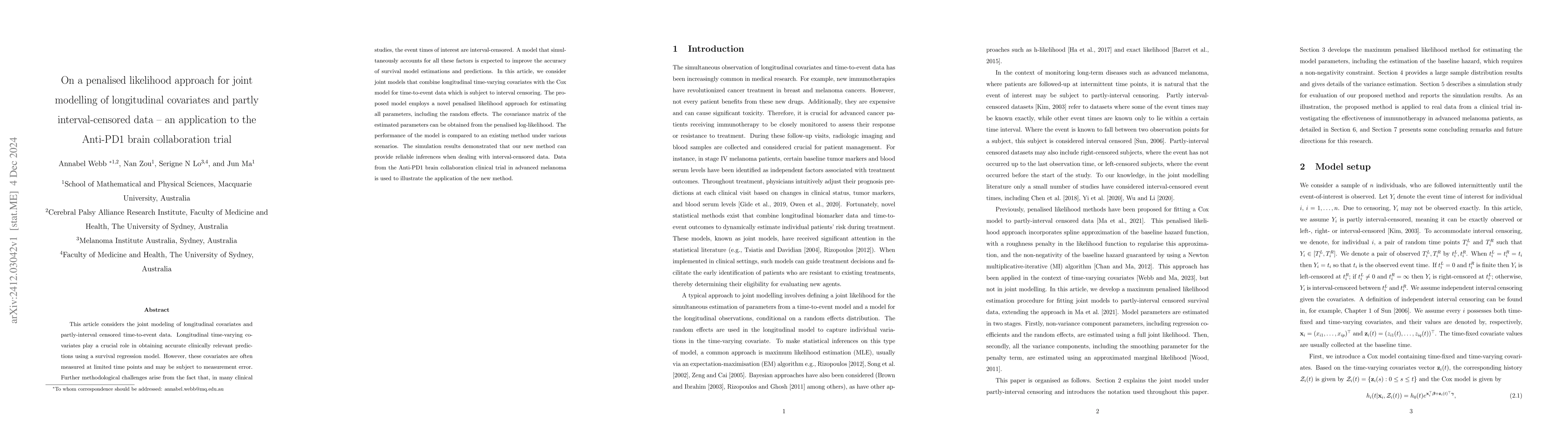 Thumbnail for On a penalised likelihood approach for joint modelling of longitudinal
  covariates and partly interval-censored data -- an application to the
  Anti-PD1 brain collaboration trial
