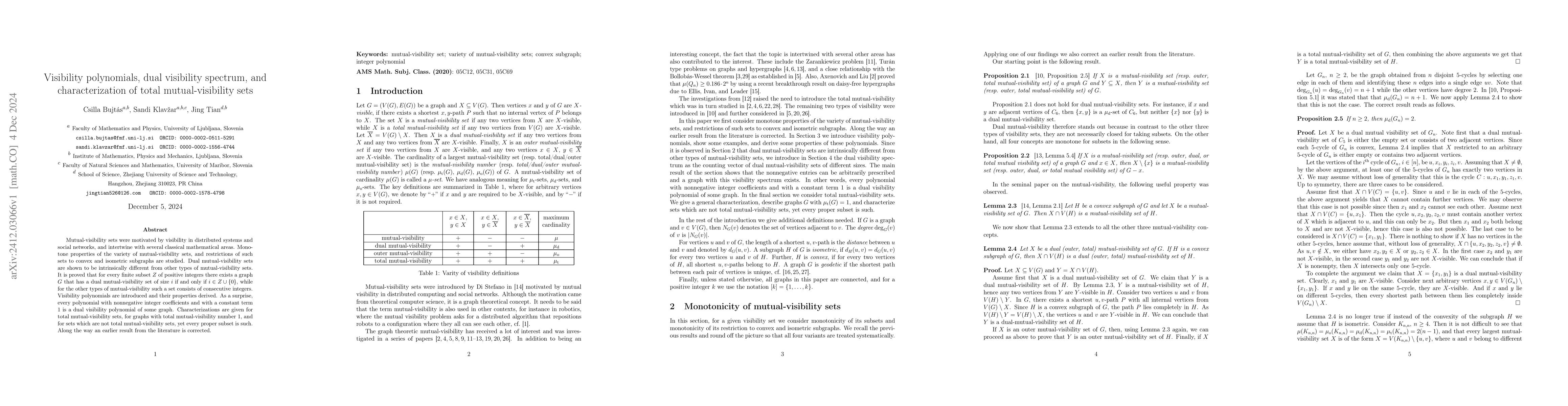 Thumbnail for Visibility polynomials, dual visibility spectrum, and characterization
  of total mutual-visibility sets