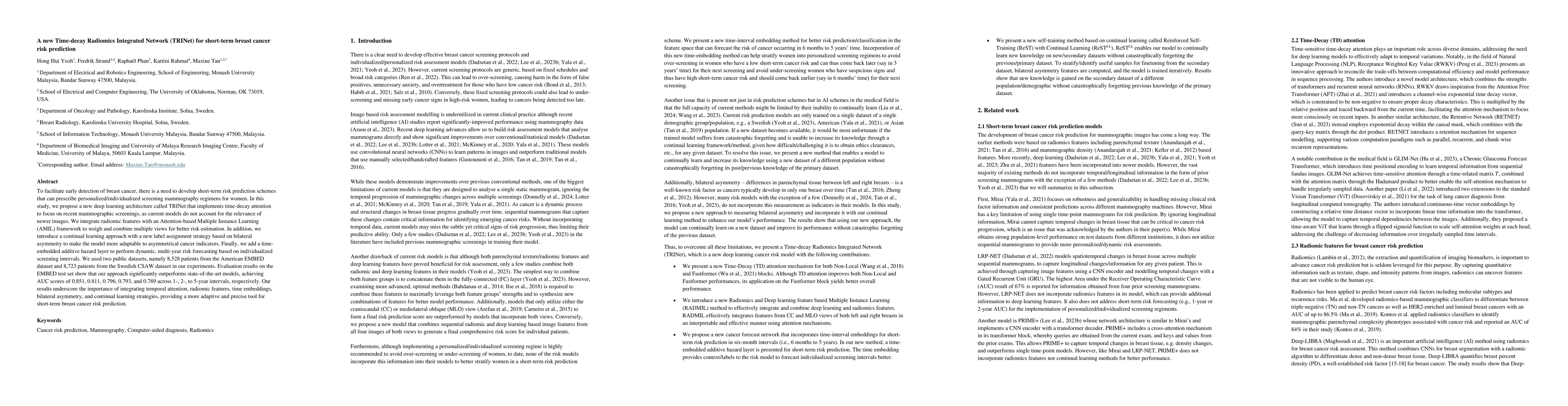 Thumbnail for A new Time-decay Radiomics Integrated Network (TRINet) for short-term
  breast cancer risk prediction