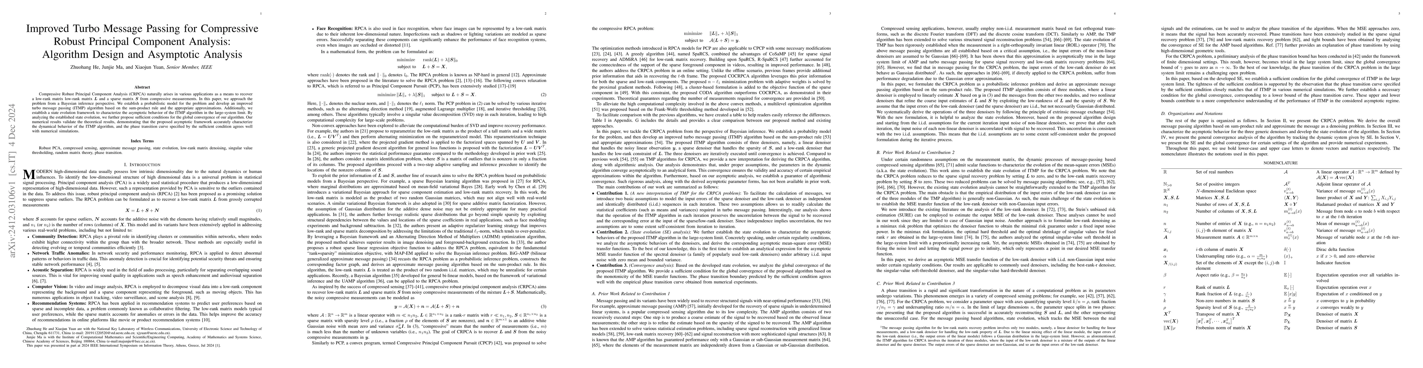 Thumbnail for Improved Turbo Message Passing for Compressive Robust Principal
  Component Analysis: Algorithm Design and Asymptotic Analysis
