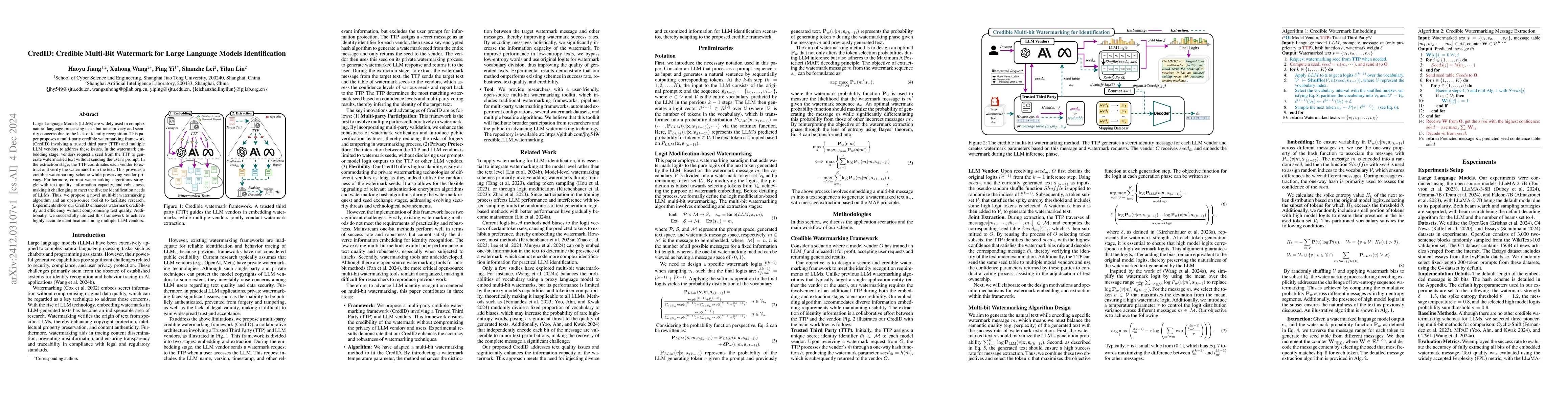 Thumbnail for CredID: Credible Multi-Bit Watermark for Large Language Models
  Identification