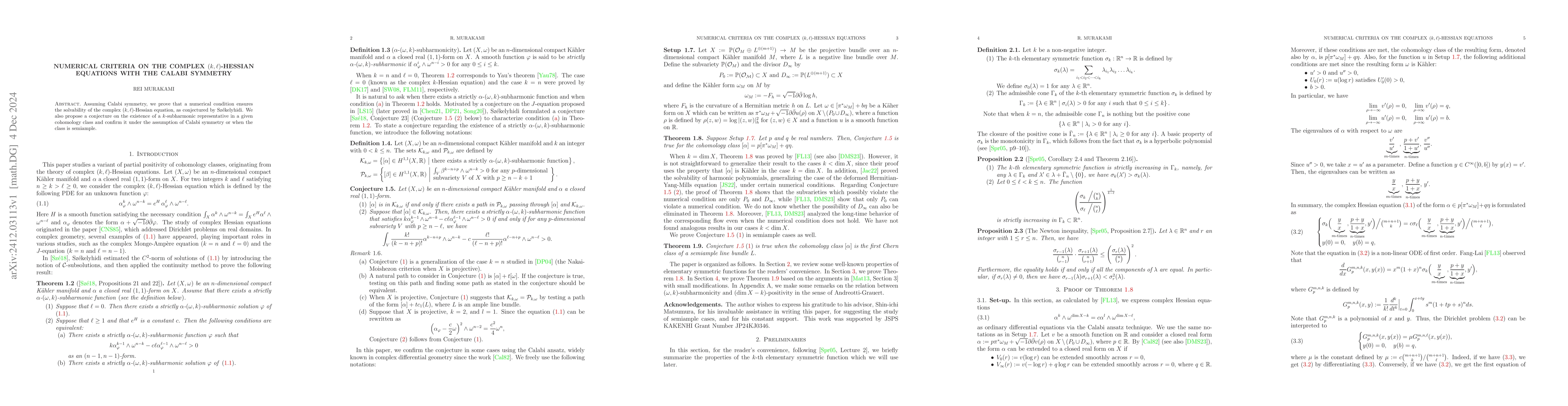 Thumbnail for Numerical criteria on the complex $(k,l)$-Hessian equations with the
  Calabi symmetry