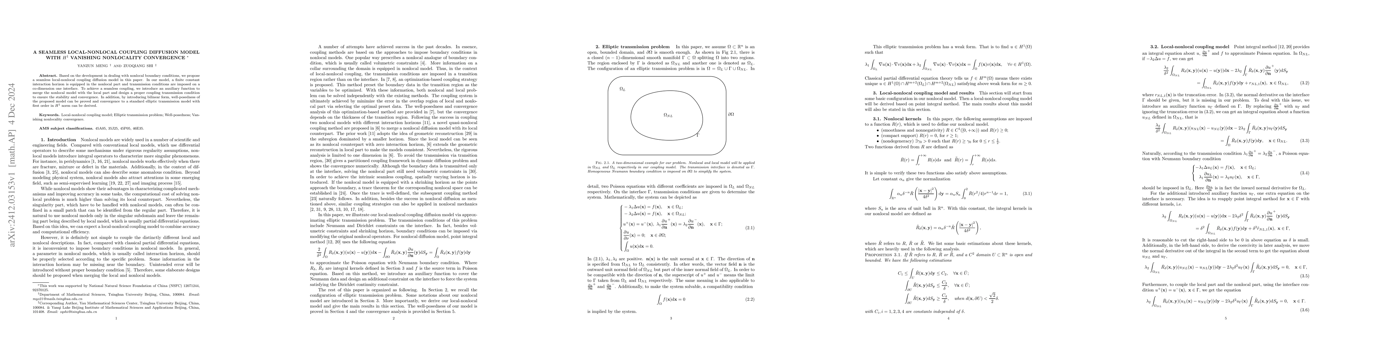 Thumbnail for A seamless local-nonlocal coupling diffusion model with $H^1$ vanishing
  nonlocality convergence