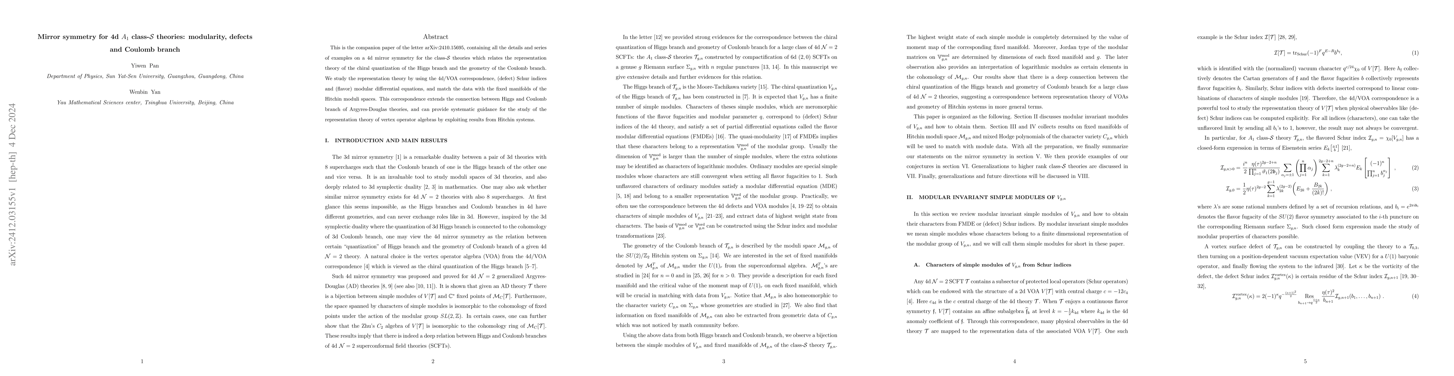 Thumbnail for Mirror symmetry for 4d $A_1$ class-$\mathcal{S}$ theories: modularity,
  defects and Coulomb branch