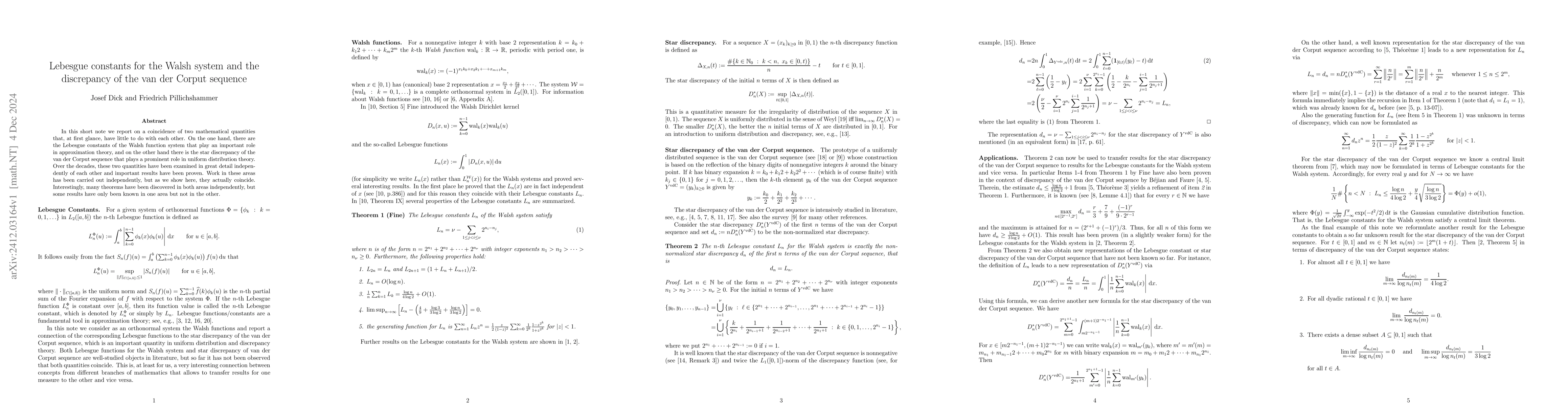 Thumbnail for Lebesgue constants for the Walsh system and the discrepancy of the van
  der Corput sequence