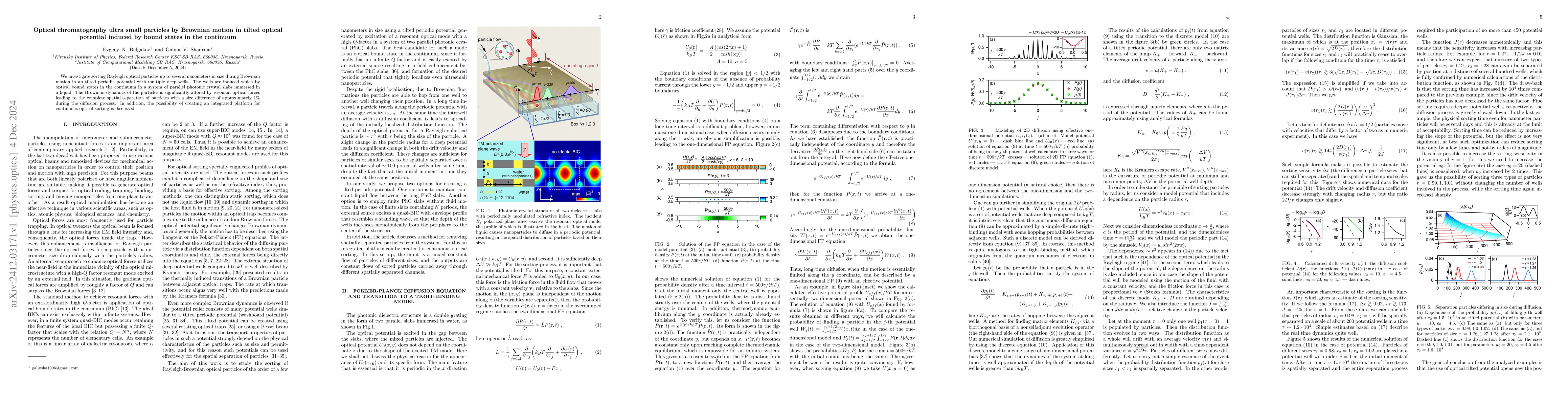 Thumbnail for Optical chromatography ultra small particles by Brownian motion in
  tilted optical potential induced by bound states in the continuum