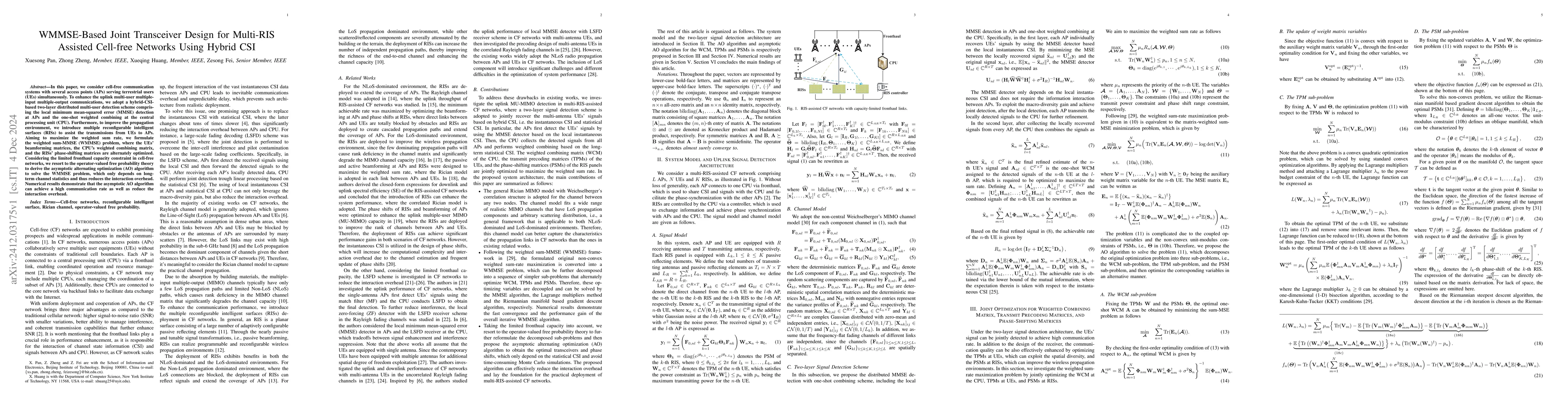 Thumbnail for WMMSE-Based Joint Transceiver Design for Multi-RIS Assisted Cell-free
  Networks Using Hybrid CSI