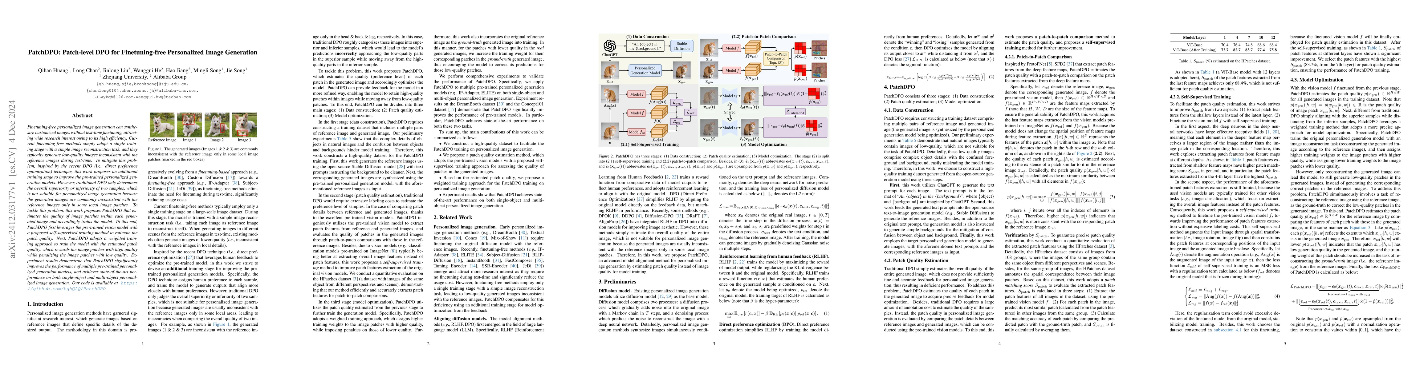 Thumbnail for PatchDPO: Patch-level DPO for Finetuning-free Personalized Image
  Generation