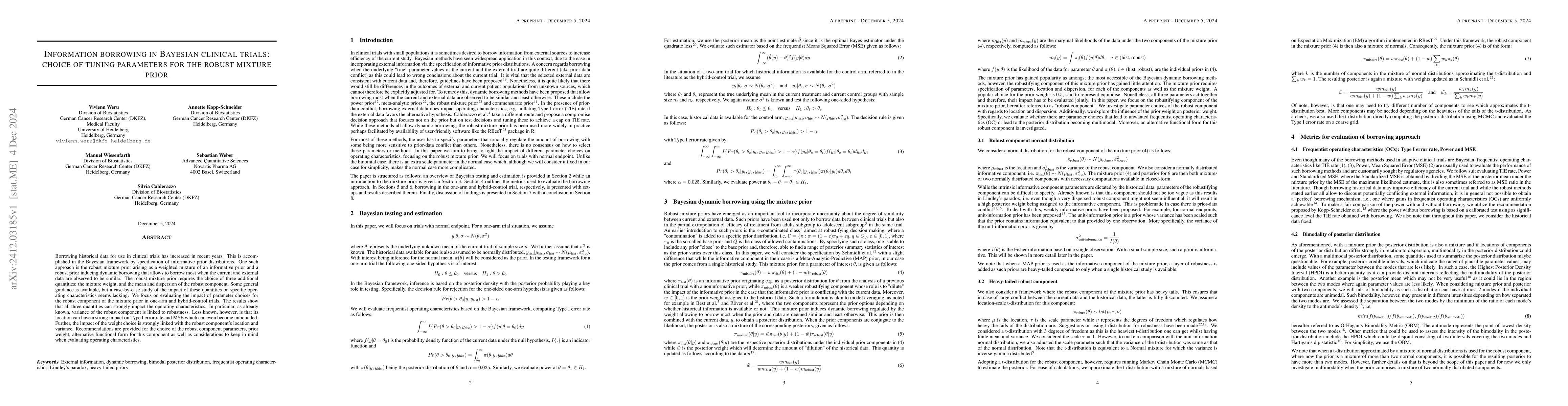 Thumbnail for Information borrowing in Bayesian clinical trials: choice of tuning
  parameters for the robust mixture prior