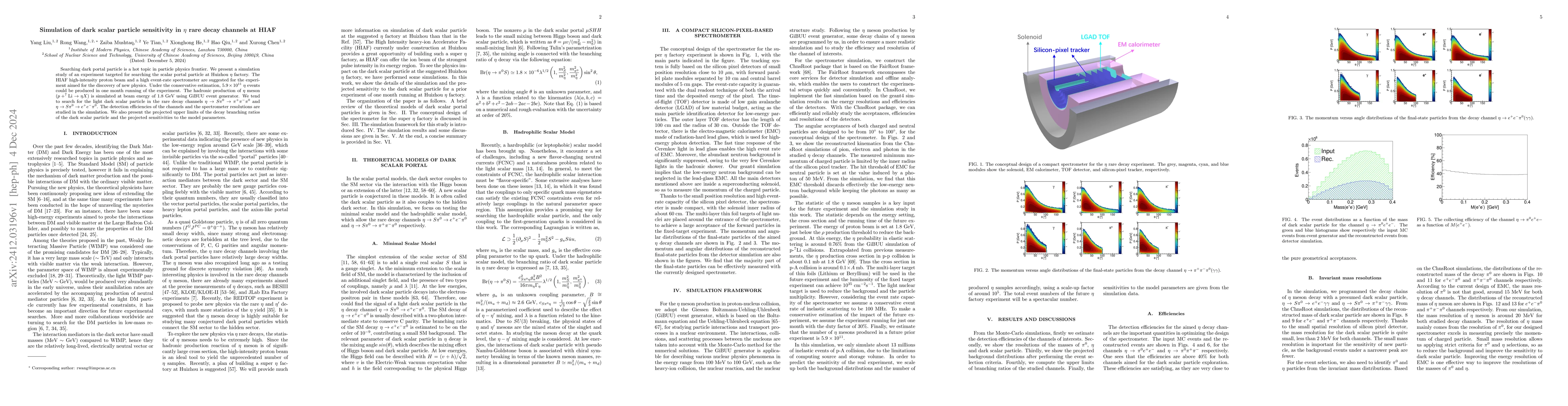 Thumbnail for Simulation of dark scalar particle sensitivity in $η$ rare decay
  channels at HIAF