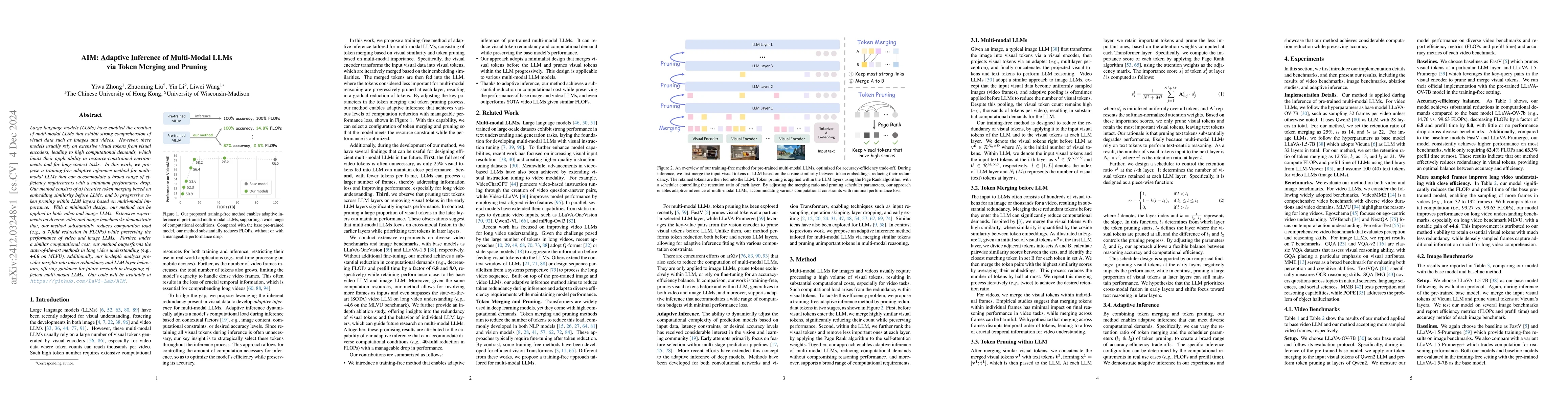 Thumbnail for AIM: Adaptive Inference of Multi-Modal LLMs via Token Merging and
  Pruning