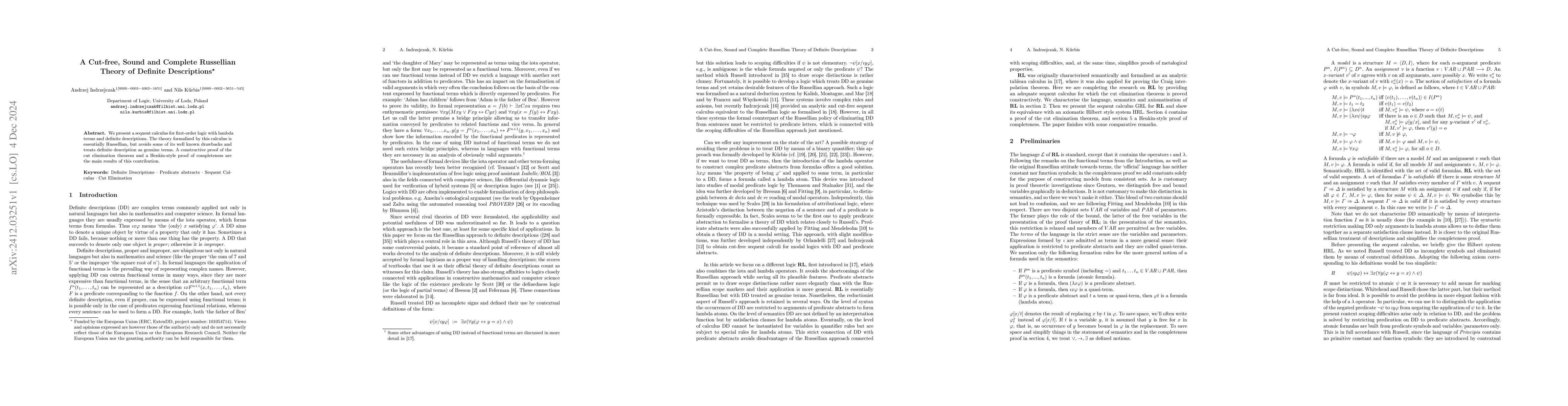 Thumbnail for A Cut-free, Sound and Complete Russellian Theory of Definite
  Descriptions