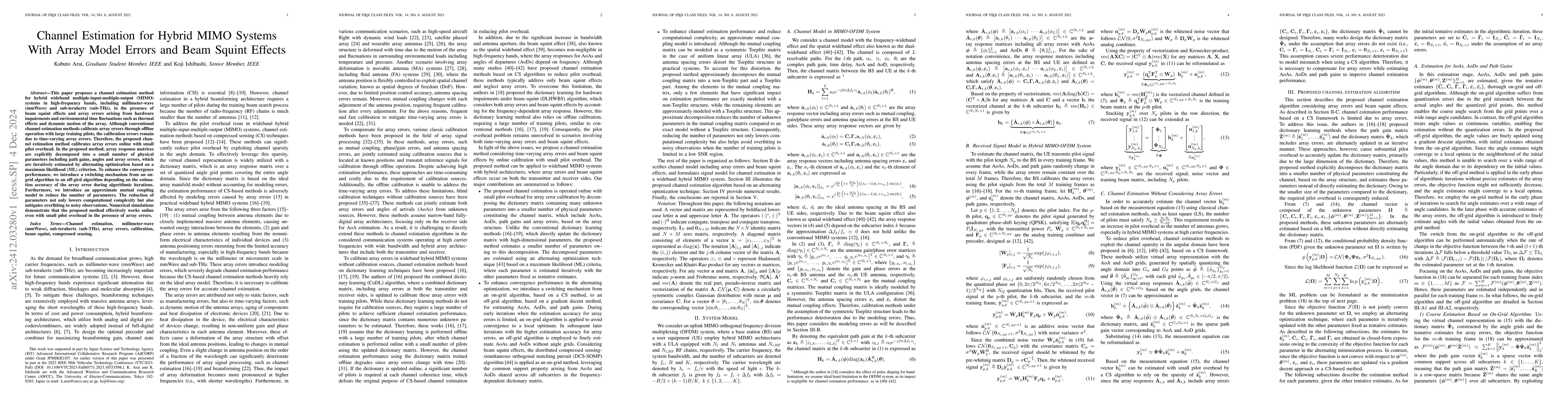 Thumbnail for Channel Estimation for Hybrid MIMO Systems With Array Model Errors and
  Beam Squint Effects