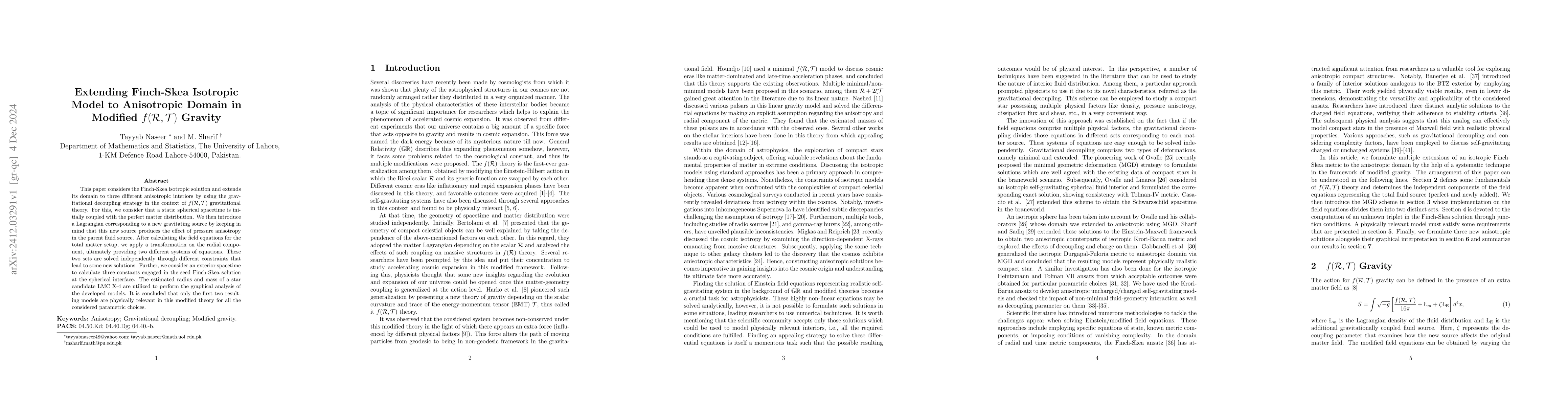 Thumbnail for Extending Finch-Skea Isotropic Model to Anisotropic Domain in Modified
  $f(\mathcal{R},\mathcal{T})$ Gravity