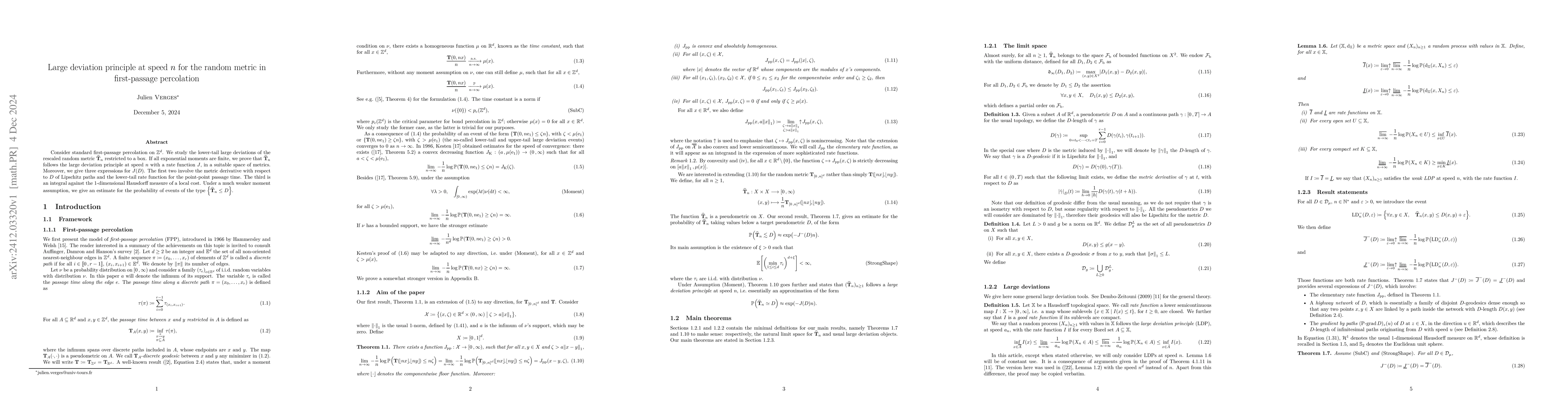 Thumbnail for Large deviation principle at speed $n$ for the random metric in
  first-passage percolation
