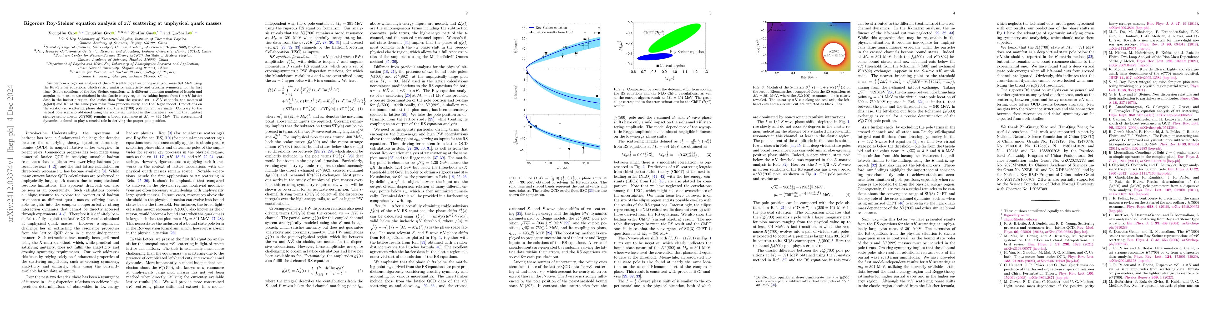 Thumbnail for Rigorous Roy-Steiner equation analysis of $πK$ scattering at
  unphysical quark masses