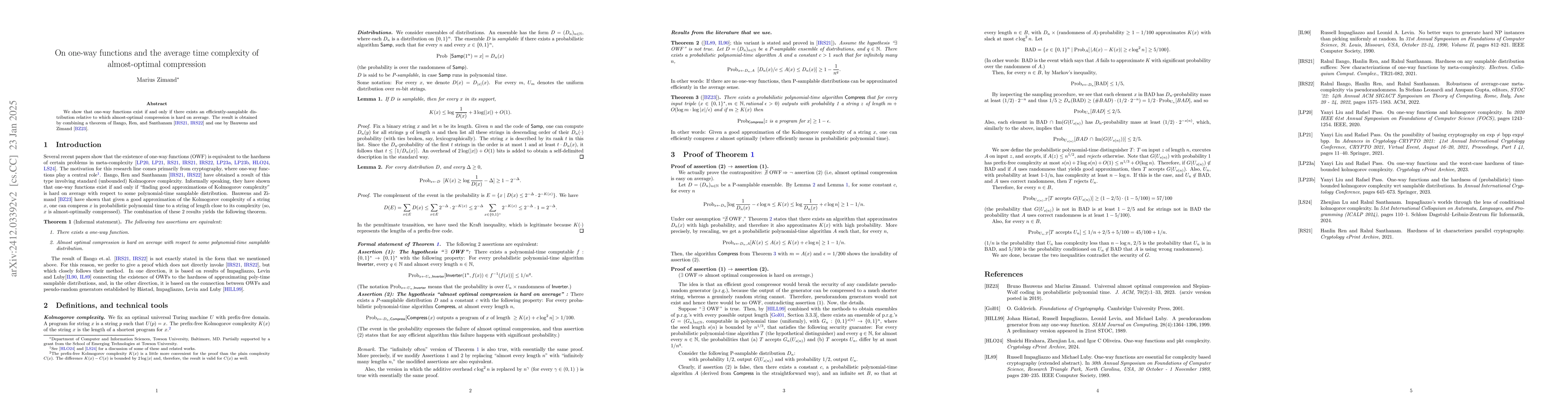 Thumbnail for On one-way functions and the average time complexity of almost-optimal
  compression