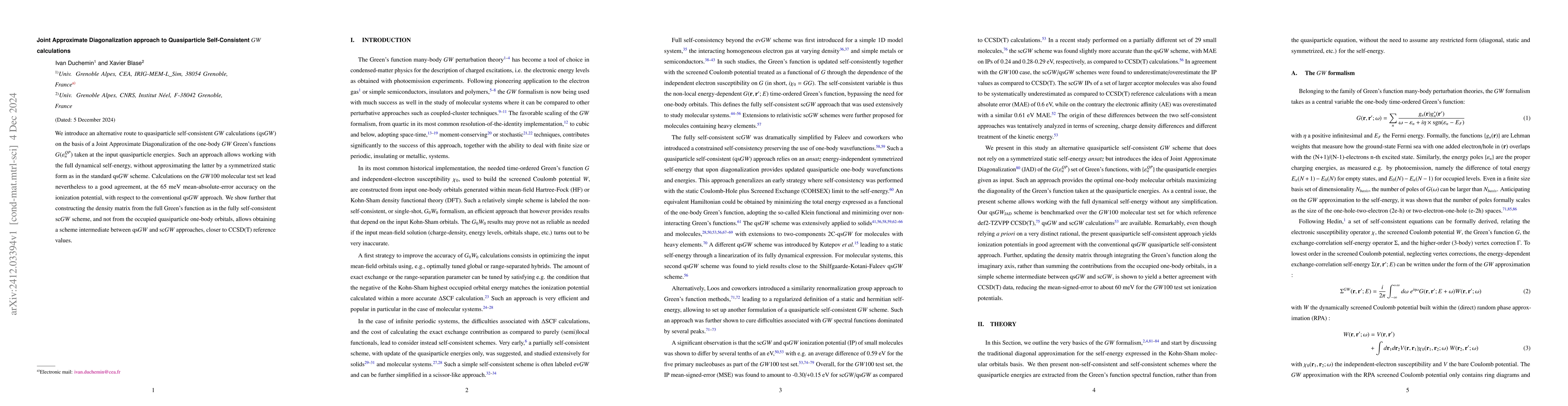 Thumbnail for Joint Approximate Diagonalization approach to Quasiparticle
  Self-Consistent $GW$ calculations