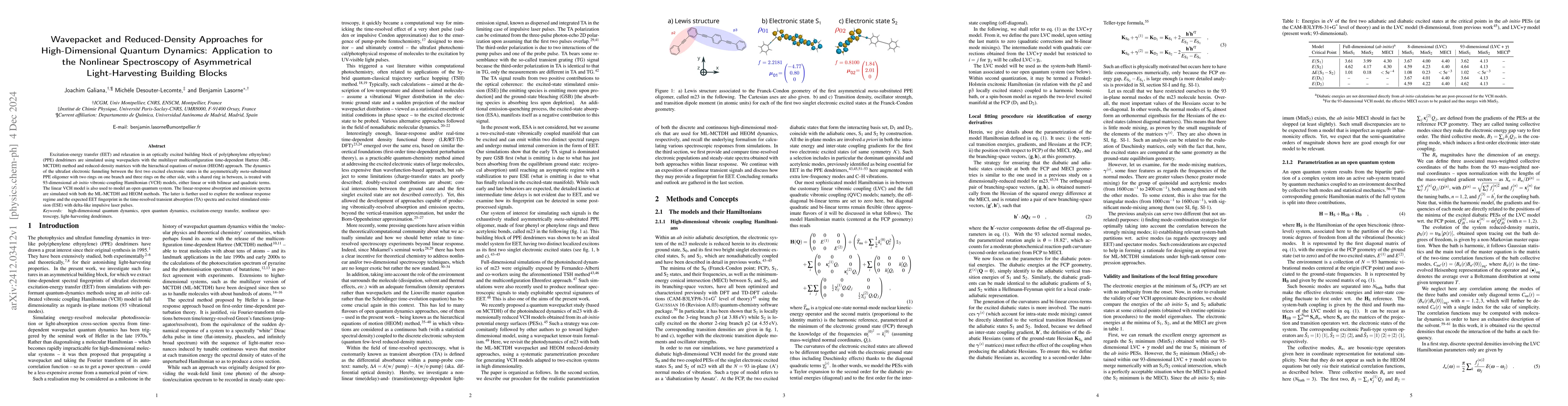 Thumbnail for Wavepacket and Reduced-Density Approaches for High-Dimensional Quantum
  Dynamics: Application to the Nonlinear Spectroscopy of Asymmetrical
  Light-Harvesting Building Blocks