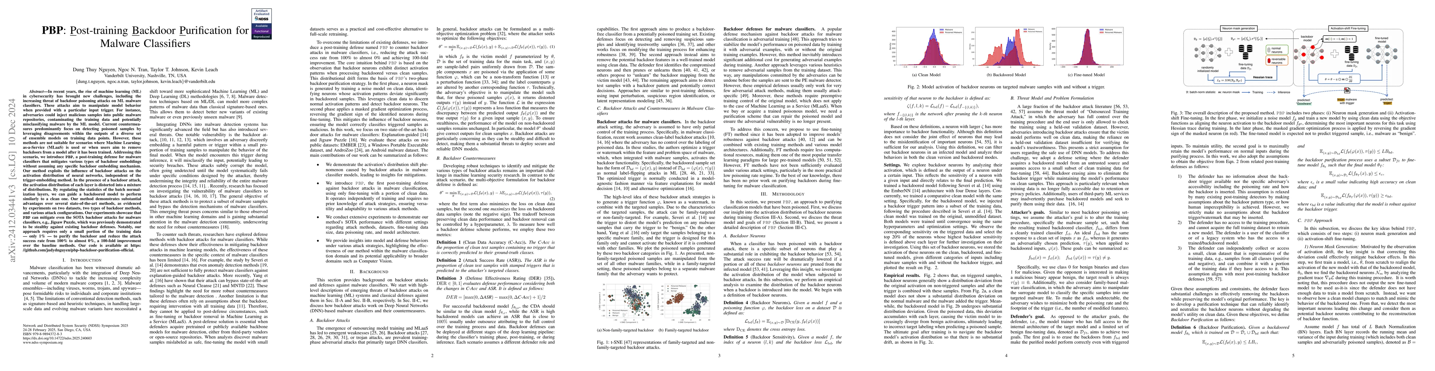 Thumbnail for PBP: Post-training Backdoor Purification for Malware Classifiers