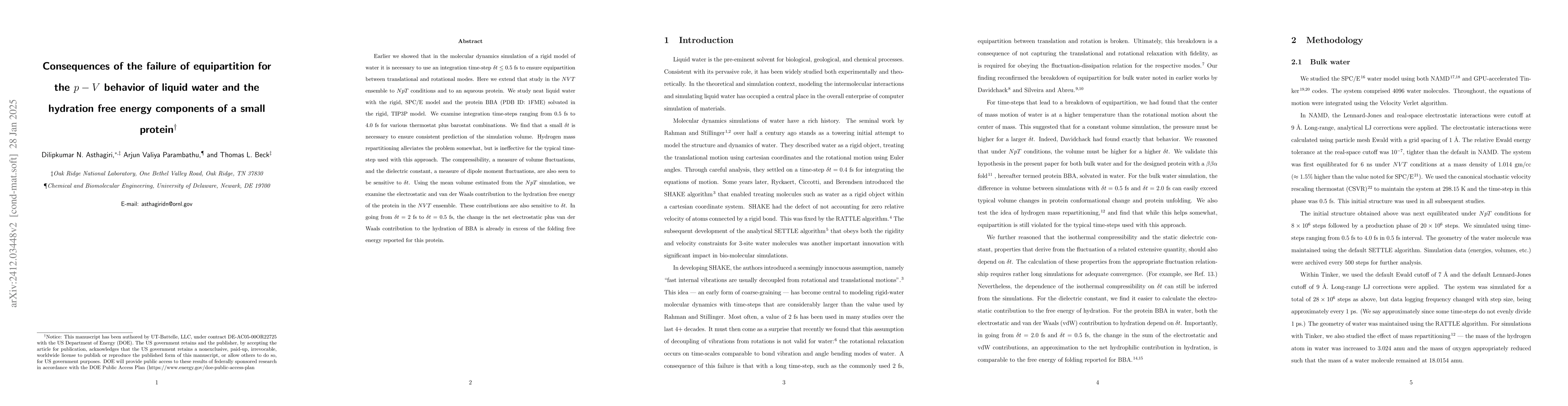 Thumbnail for Consequences of the failure of equipartition for the p-V behavior of
  liquid water and the hydration free energy components of a small protein